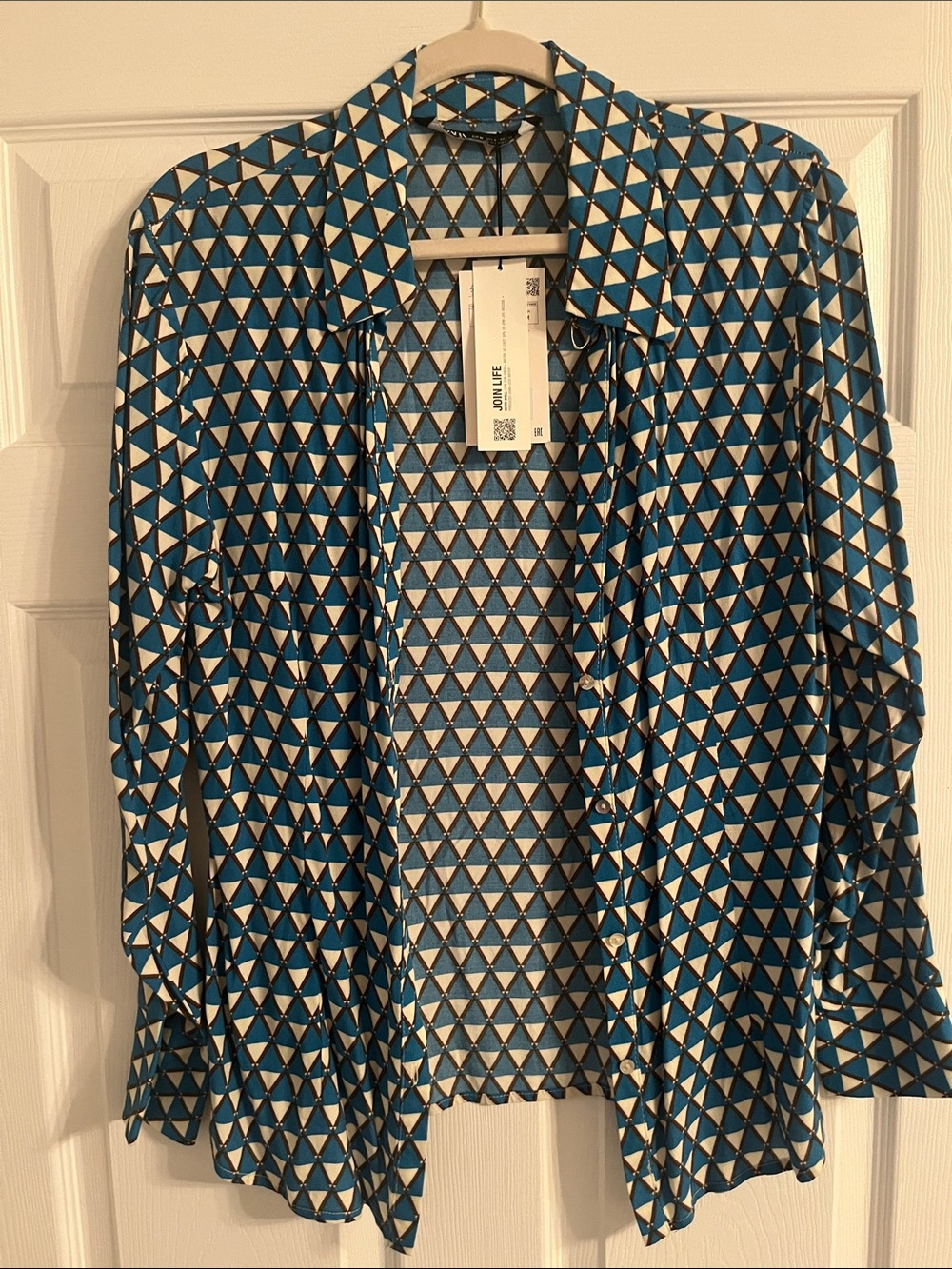 Zara Blue, White & Black Geometric Button-Down Shirt